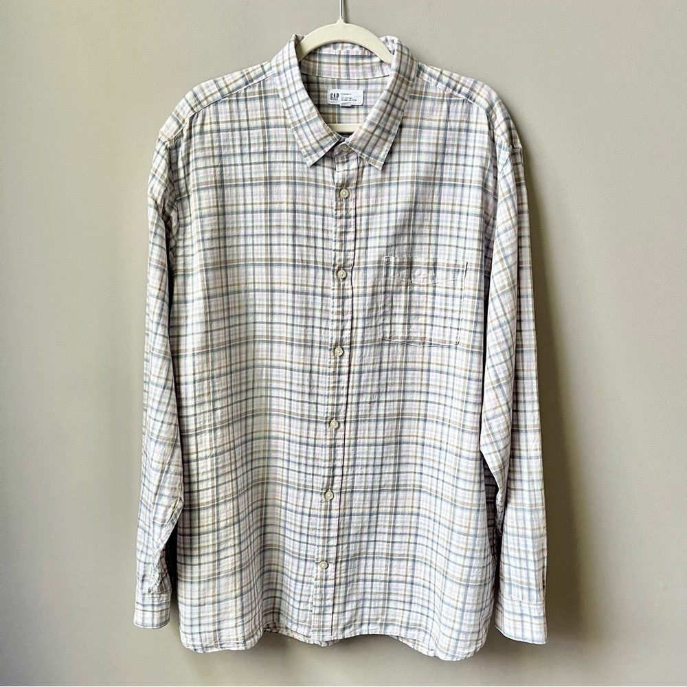 Gap Shirt Men's XXL Linen Blend Plaid Preppy Office Spring Pastel Lighteight Top